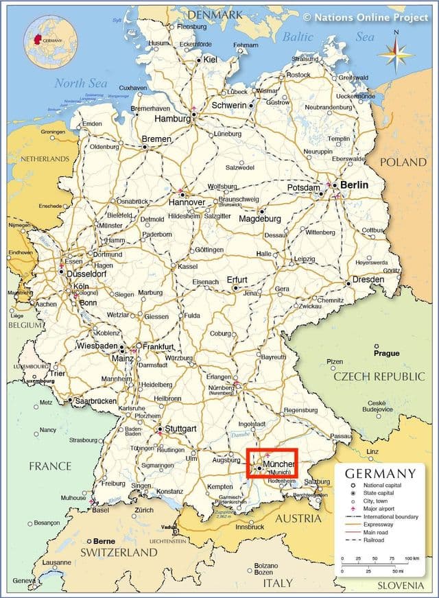 Múnich en el mapa de Baviera - Alemania