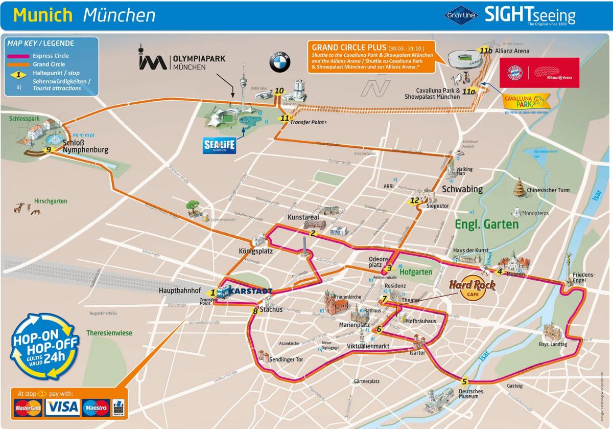 Mapa de las rutas de autobús Hop On Hop Off de Múnich