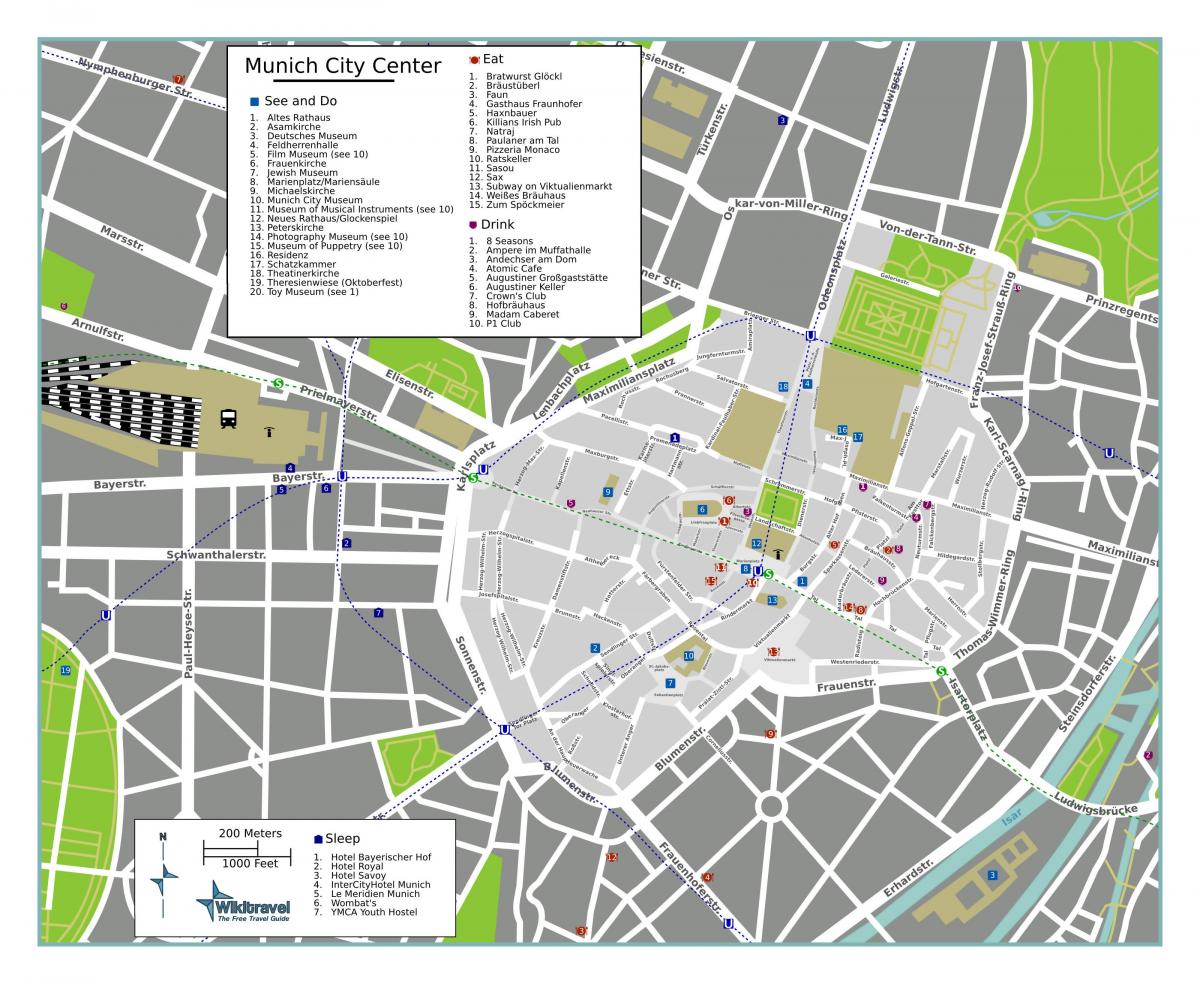 Mapa de las visitas a pie de Múnich